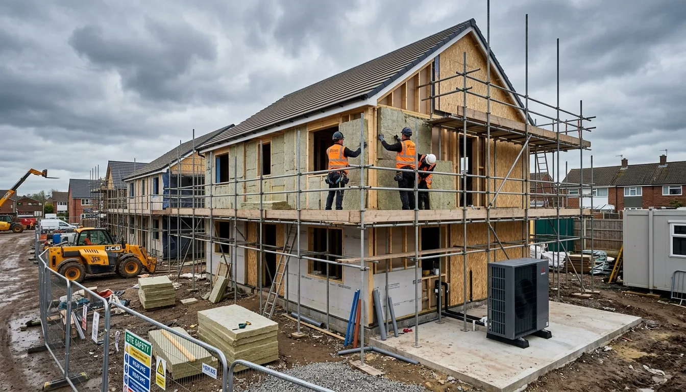 Digital manometer display during an airtightness test in a UK house