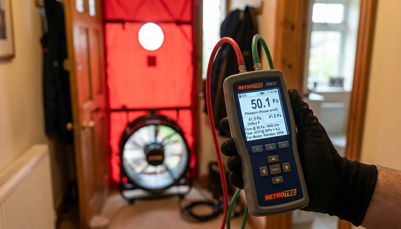 Digital manometer display during an airtightness test in a UK house