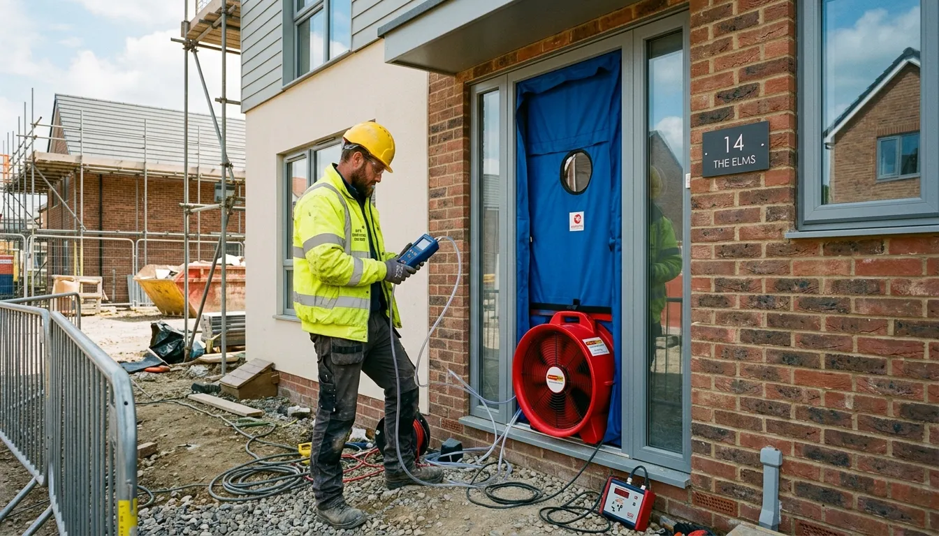Blower door test fan installed in a UK new-build house doorway