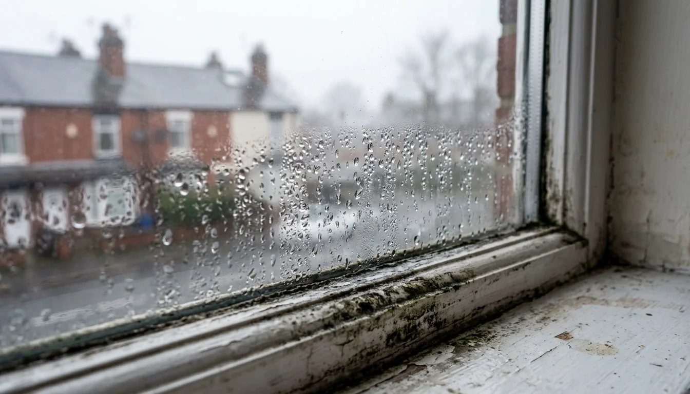 Mould and condensation visible on the interior wall of a UK home after retrofit insulation work