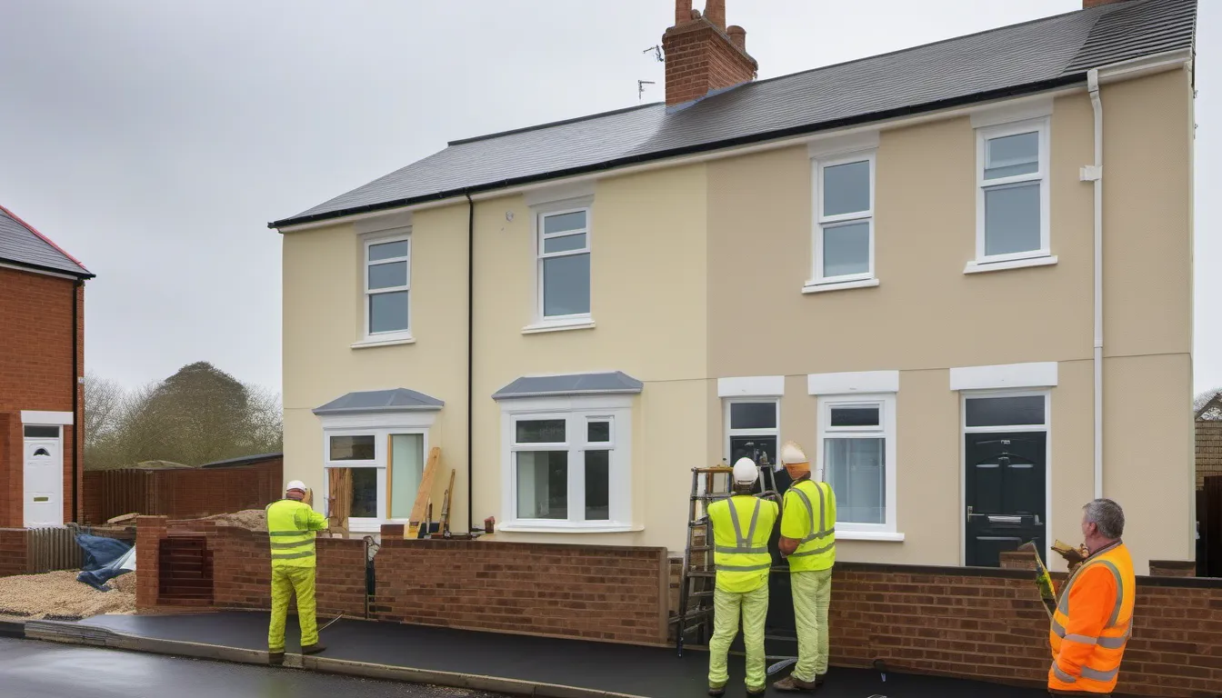 UK house with scaffolding and insulation being installed showing energy efficiency upgrade work in progress