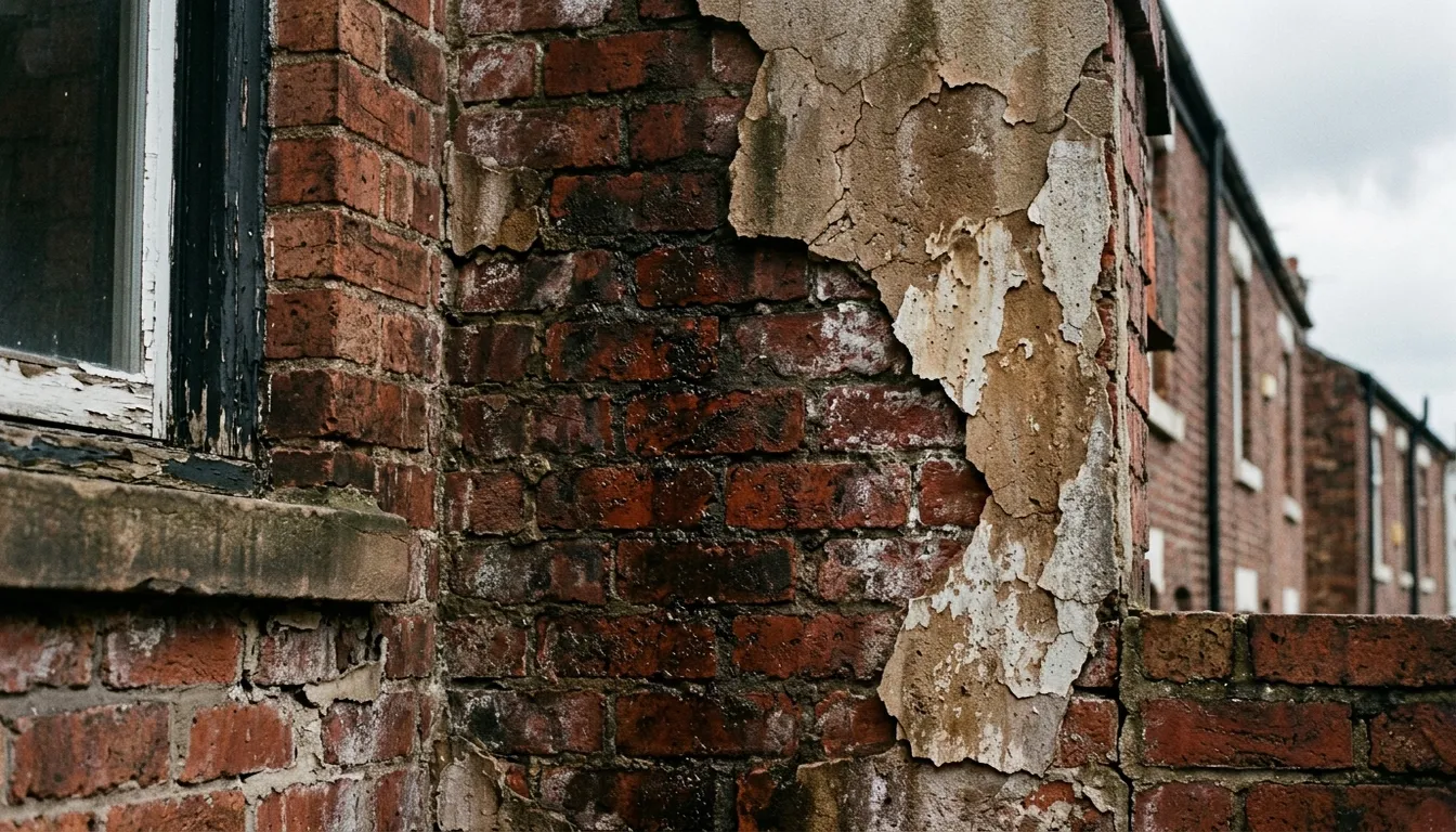 Damp patches on Victorian terraced house wall from failed cavity wall insulation