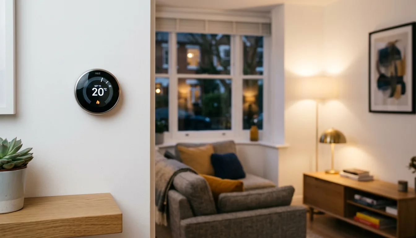 Smart heating thermostat on UK home wall