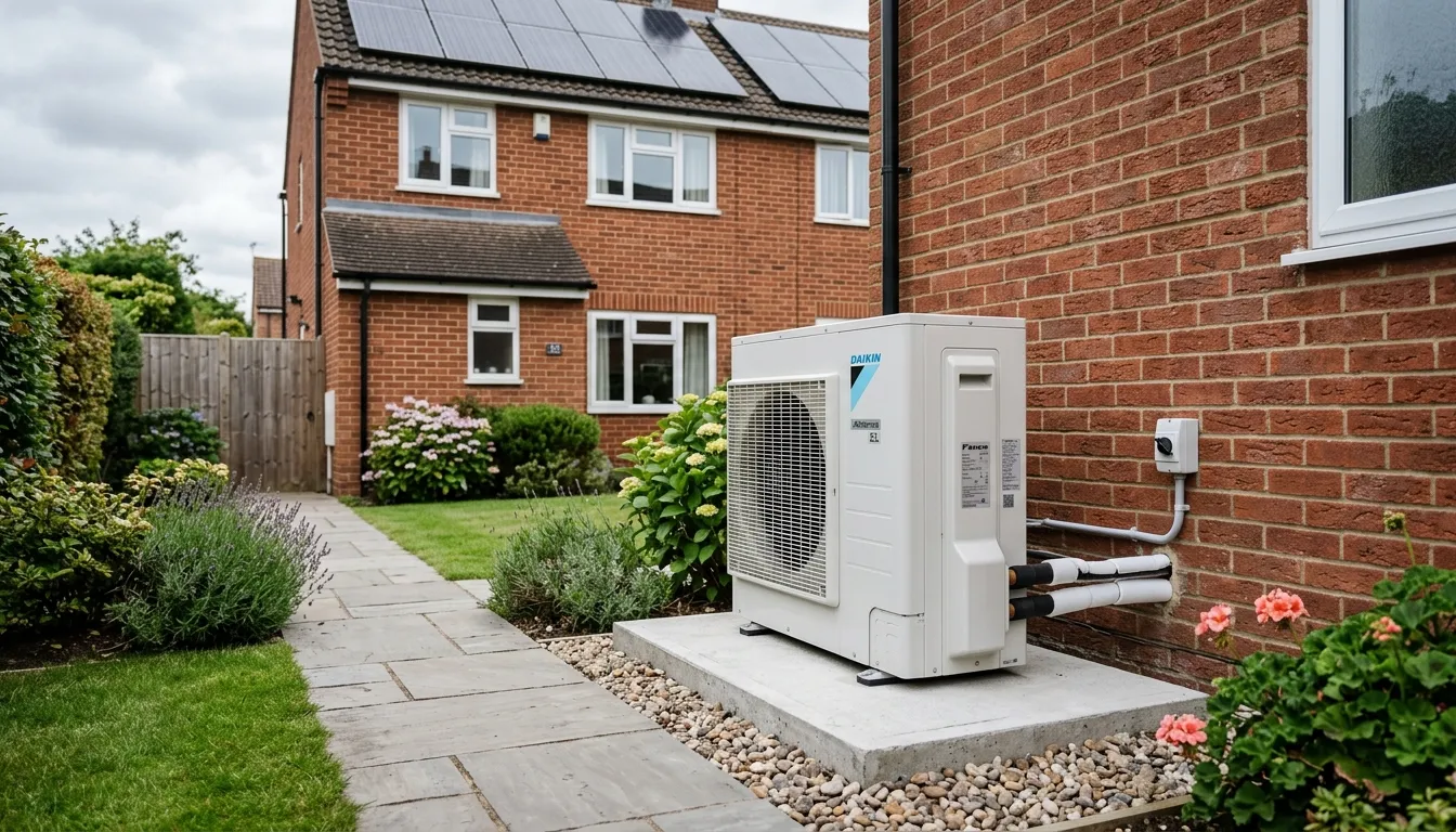 Modern air source heat pump installed beside a well-maintained British home with solar panels on the roof