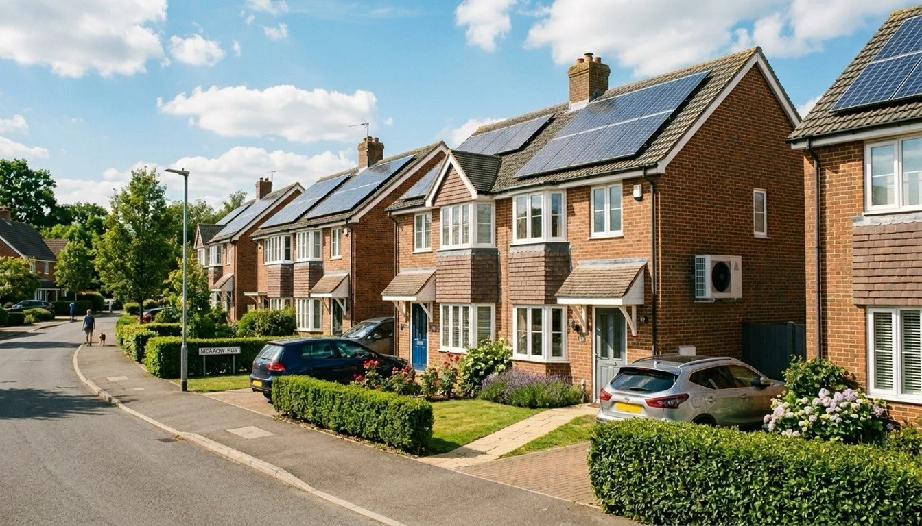 UK terraced houses with EPC energy rating overlay showing bands A through G