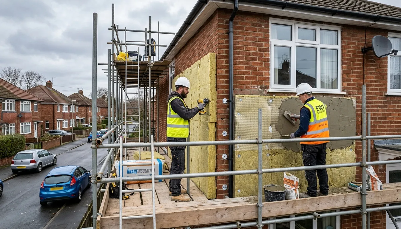 External wall insulation being fitted to a UK semi-detached house