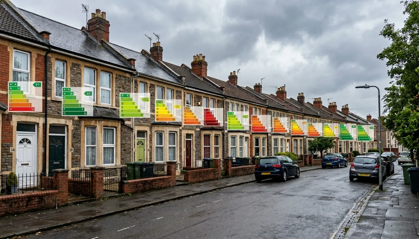 Row of British terraced houses with energy rating labels