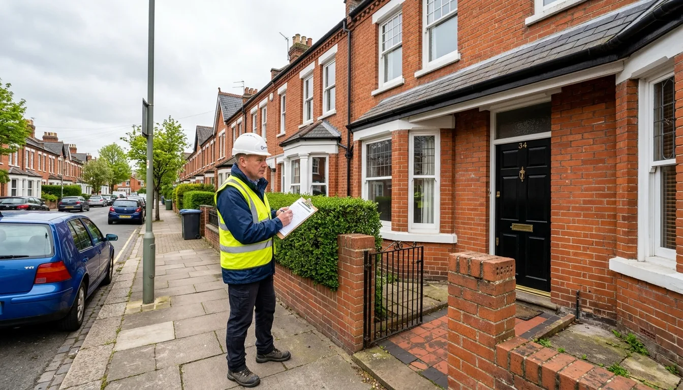 A surveyor inspecting the exterior of a UK terraced house for a whole house retrofit assessment