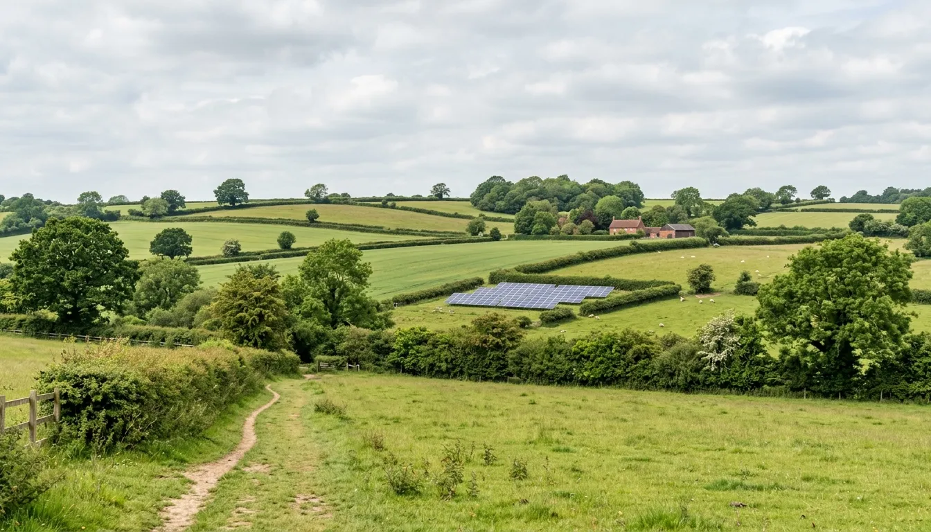 Rural Hertfordshire farmland near Aston End with hedgerows and gently undulating fields under a cloudy English sky