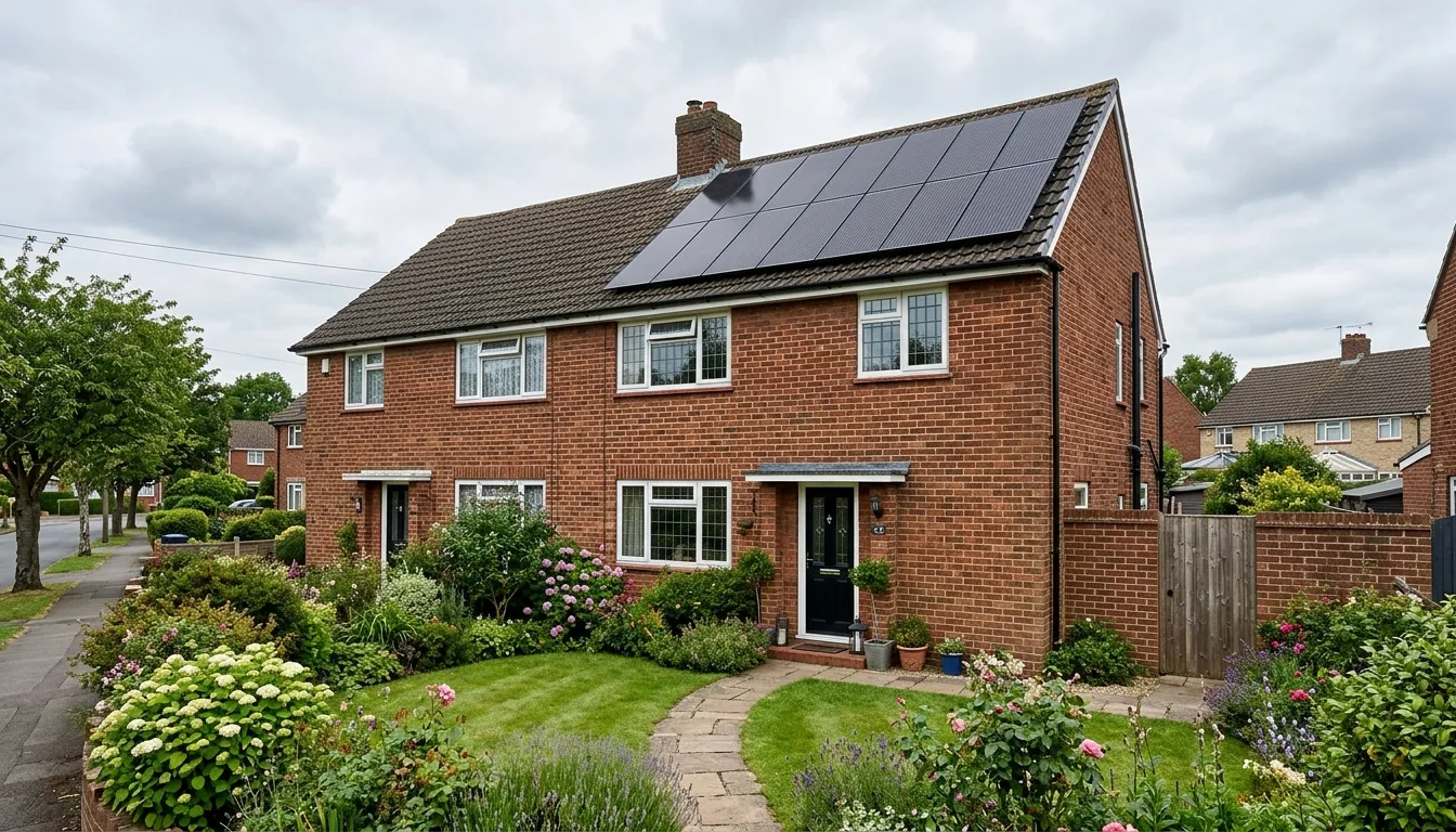 Solar panels installed on a traditional British semi-detached house with red brick walls under an overcast UK sky