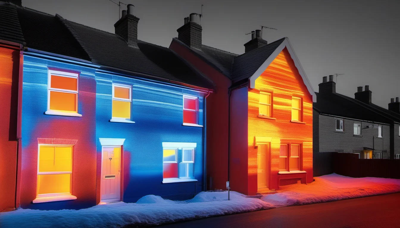 Thermal imaging camera showing temperature differences in a building wall