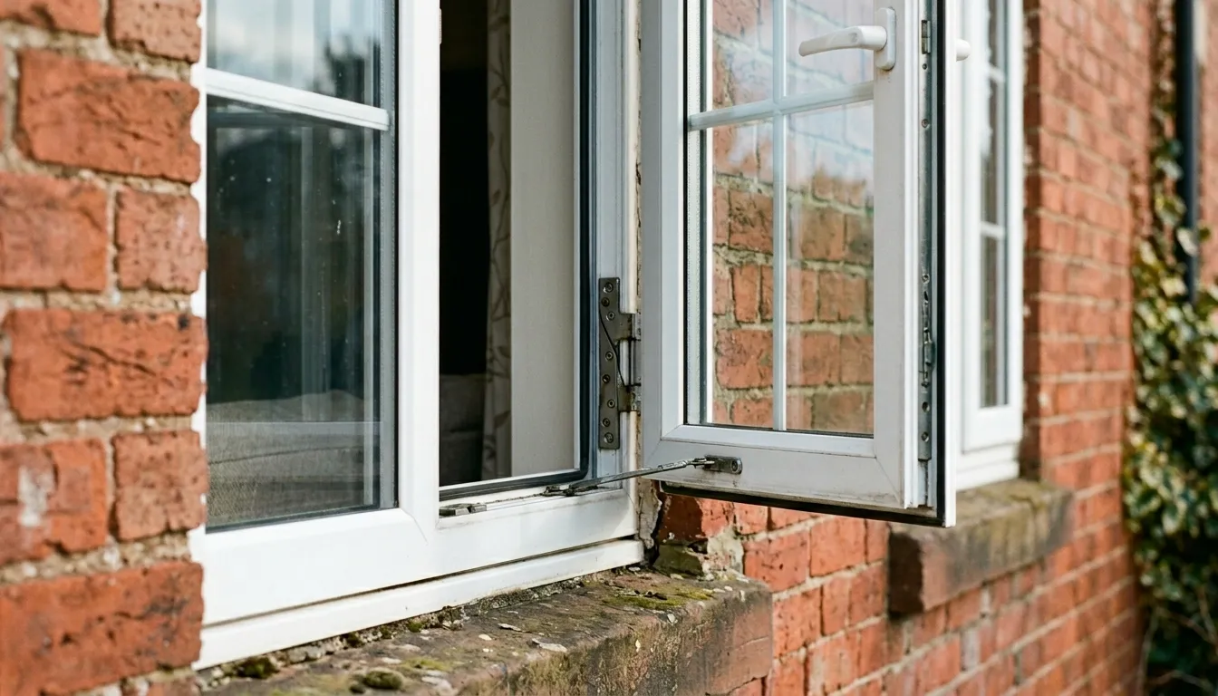 Close-up of a typical white uPVC outward-opening casement window on a British brick house showing weathered seals